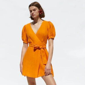 Zara Orange Wrap Puff Sleeve Summer Dress